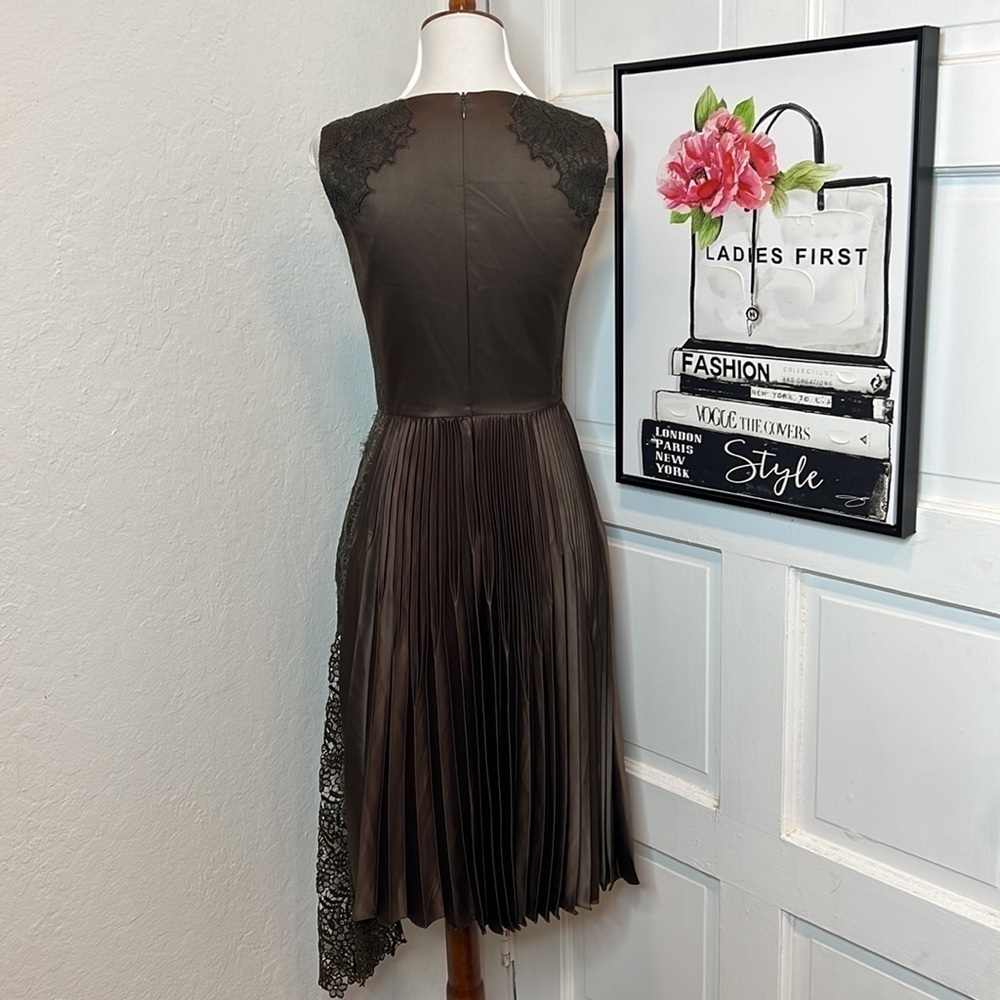 Karen Millen Brown Pleated Midi Dress with Lace Detail Size 4 - Picture 6 of 10